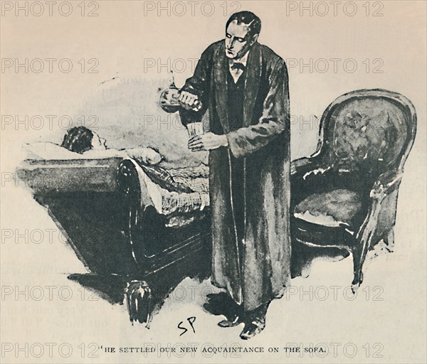 'He Settled Our New Acquaintance On The Sofa', 1892. Artist: Sidney E Paget.