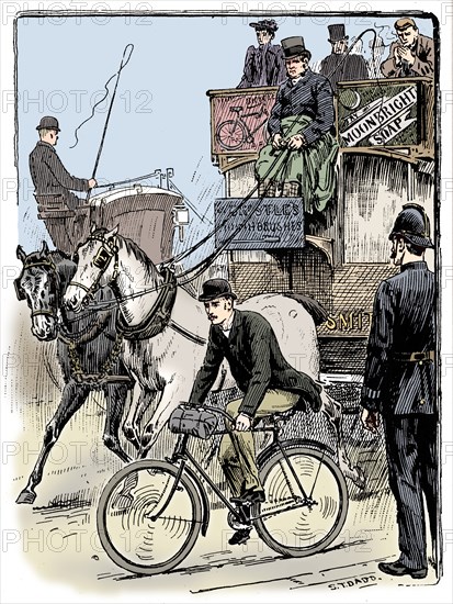 Cyclist in busy London traffic riding a machine of the Rover safety type, 1895. Artist: Stephen T Dadd.