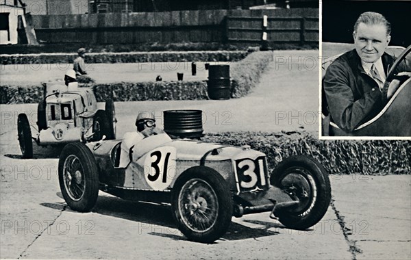 'Freddie Dixon (Riley) at Brooklands', 1937. Artist: Unknown.