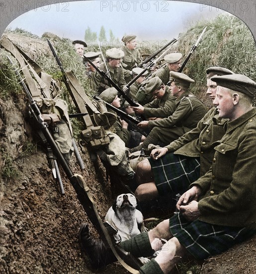 A section of Seaforth Highlanders snatching a moments respite, World War I, c1914-c1918. Artist: Realistic Travels Publishers.