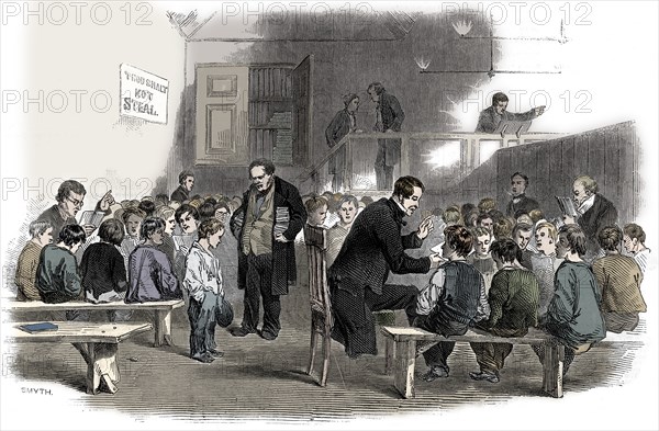 Teaching boys to read in the Ragged School Union school, Lambeth, London, 1868. Artist: Unknown.