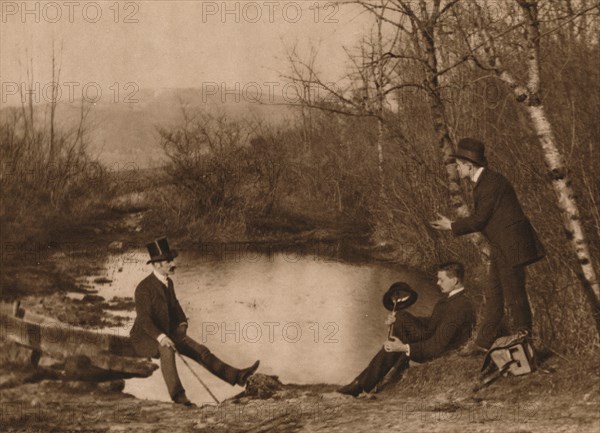 'Three men by pond', 1937. Artist: Louis Guichard.