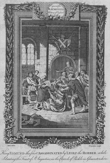 'King Edmund the first Assassinated by Leolf the Robbe', c1787. Artist: Unknown.