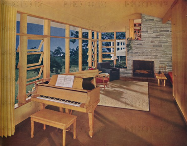'Scale model of a large living-room (25 feet long) in a modern house, designed by Edward D. Stone', Artist: Unknown.