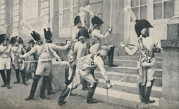 'The Prussian Noble Guard Sharpen Their Swords on the Steps of the French Embassy at Berlin', 1896. Artist: Unknown.