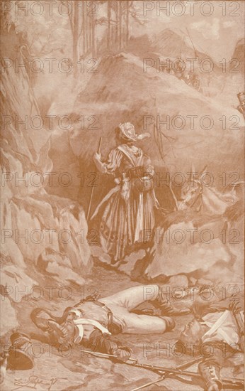 'The Cantinière of the 26th Regiment Climbing The Rocks at Busaco', 1810, (1896). Artist: Unknown.