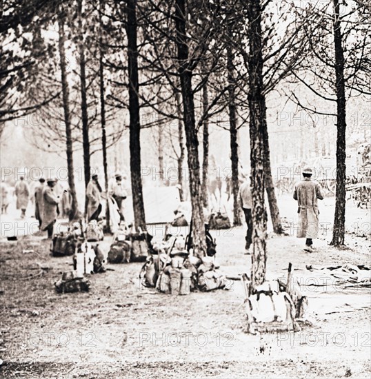 Soldiers and packs in woods, c1914-c1918. Artist: Unknown.