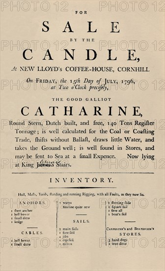 'Advertisement of Sale by Candle at Lloyd's, 1796', (1928). Artist: Unknown.