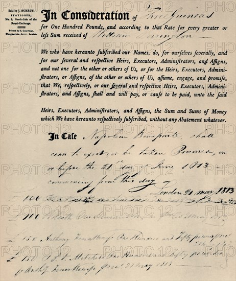'Policy on Life of Napoleon, 1813', (1928). Artist: Unknown.