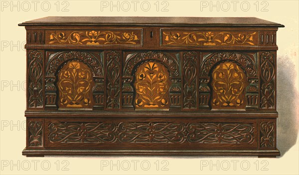 Oak inlaid chest, 1904. Artist: Shirley Slocombe.