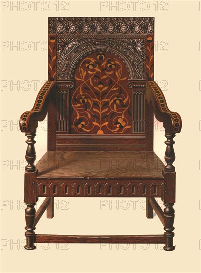 Oak inlaid chair, 1904. Artist: Shirley Slocombe.