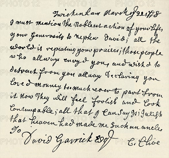 'Facsimile of autograph letter by Kitty Clive', 1907. Artist: Unknown.