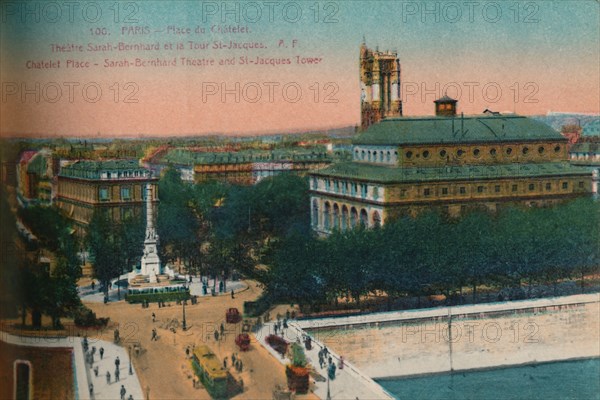 'The Place du Châtelet - Théâtre Sarah-Bernhardt and the Tour Saint-Jacques, c1920. Artist: Unknown.