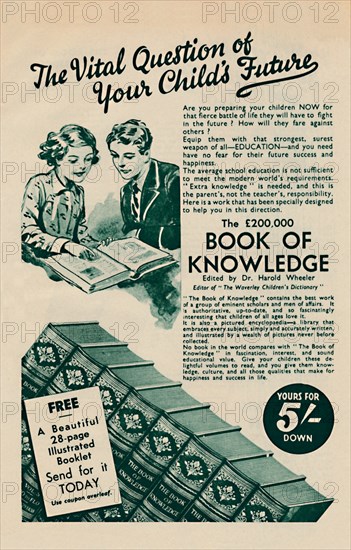 'The Vital Question of your Child's Future - The Book of Knowledge', 1935. Artist: Unknown.