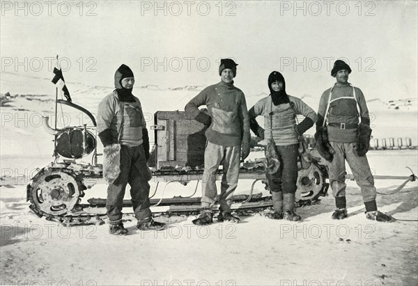 'The Motor Party (Left to right - Lashly, B.C. Day, Lieut. Evans, Hooper)', October 1911, (1913). Artist: Herbert Ponting.