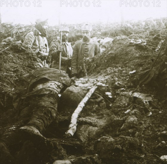 Bodies and prisoners, Les Éparges, northern France, 1915.  Artist: Unknown.