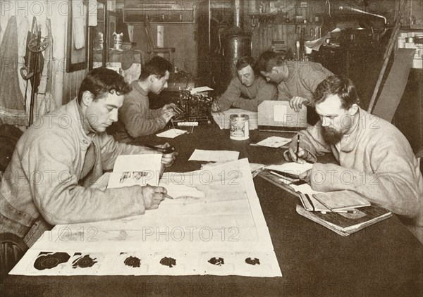 'Winter Work (Left to right - Debenham, Cherry-Garrard, Bowers, Evans, Taylor)', c1911, (1913). Artist: Herbert Ponting.