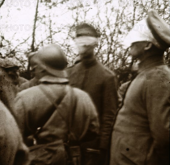Blindfolded soldiers, November 1918. Artist: Unknown.