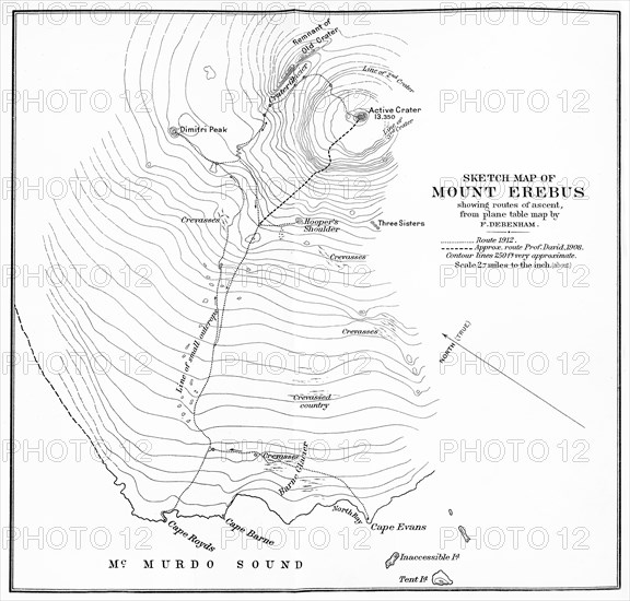 'Sketch Map of Mount Erebus showing routes of ascent', c1912, (1913). Artist: Unknown.