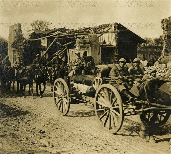 Artillery passing through Beauzée, northern France, c1914-c1918. Artist: Unknown.
