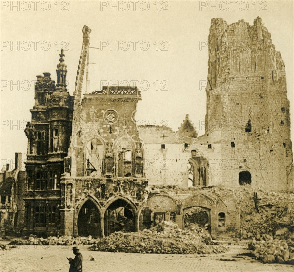 Clock Tower and Hôtel de Ville, Arras, northern France, c1914-c1918. Artist: Unknown.