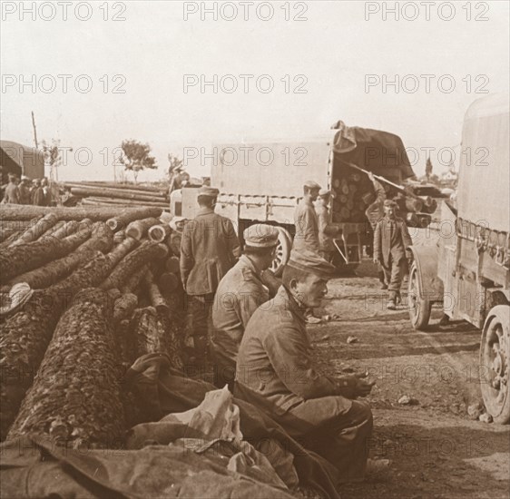 Trucks on the Voie Sacrée, Verdun, northern France, c1914-c1918.  Artist: Unknown.
