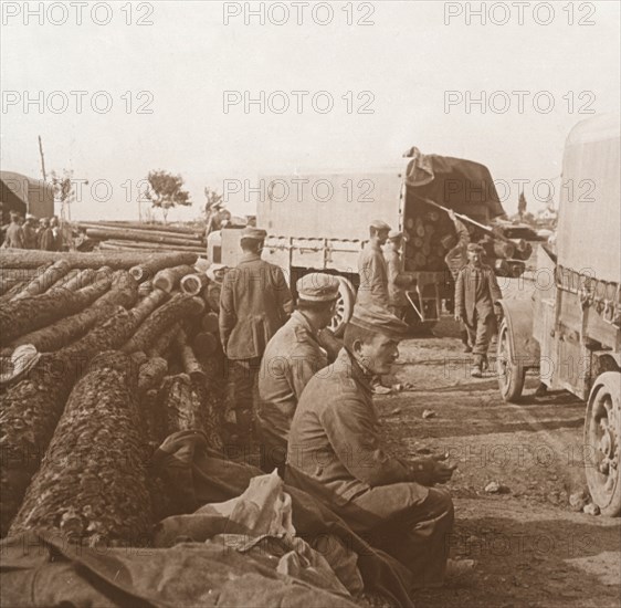 Trucks on the Voie Sacrée, Verdun, northern France, c1914-c1918. Artist: Unknown.