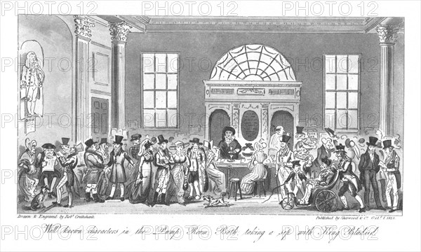 'Well known Characters in the Pump Room, Bath, taking a sip with King Bladud', 1825. Artist: Isaac Robert Cruikshank.