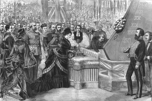 The Princess of Wales launching the new ironclad ship 'Alexandra', 1875. Artist: Unknown.