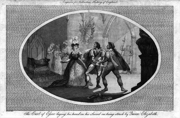 'The Earl of Essex laying his hand on his Sword on being struck by Queen Elizabeth.', (1792). Artist: Unknown.