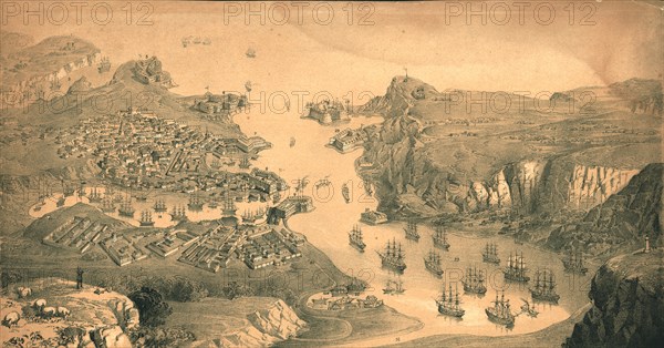 'The town, forts and harbours of Sebastopol', 1854. Artist: Edmund Walker.