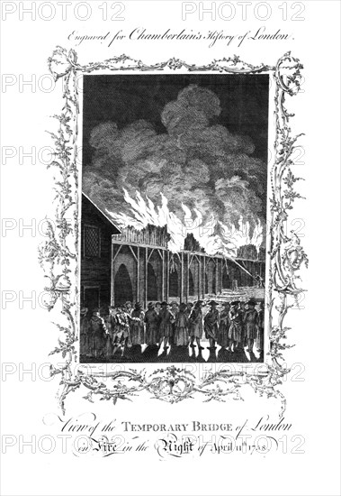 'View of the Temporary Bridge of London on Fire...1758.', c1770. Artist: Charles Grignion.