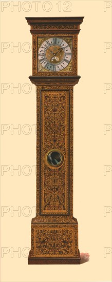 Clock inlaid with dark marquetry, 1905. Artist: Shirley Slocombe.