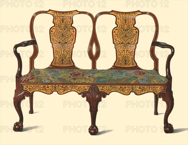Walnut settee inlaid with marquetry, 1905. Artist: Shirley Slocombe.