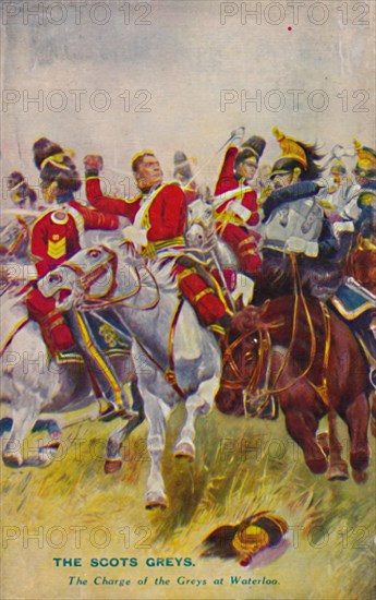'The Royal Scots Greys. The Charge of the Greys at Waterloo', 1815, (1939). Artist: Unknown.