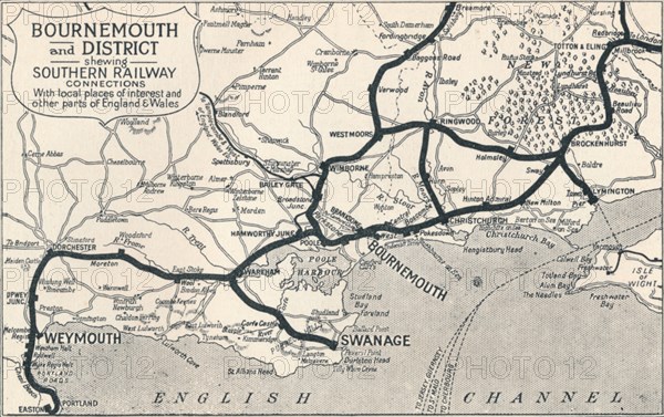 'Bournemouth and District, shewing Southern Railway connections', 1929. Artist: Unknown.