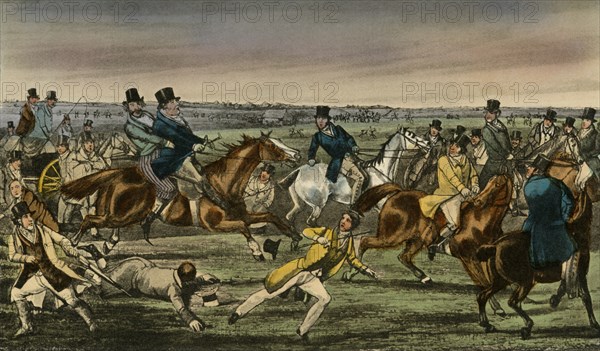 'Mr. Jorrocks makes his Entrée into the Newmarket Betting-ring', 1838. Artist: Henry Thomas Alken.