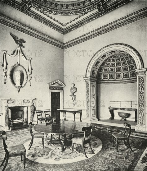 'Contrasted Interiors: Palladian - The Dining-Room, Holkham, Norfolk, by William Kent, with Regency  Artist: Unknown.