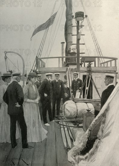 'Their Majesties The King and Queen Inspecting...the Nimrod at Cowes', 1907, (1909). Artist: A Forestier.