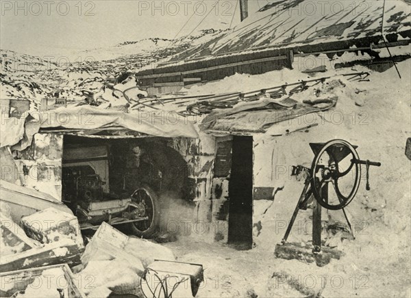 'The Motor Car in the Garage, and Maize-Crusher on the right', c1908, (1909).  Artist: Unknown.