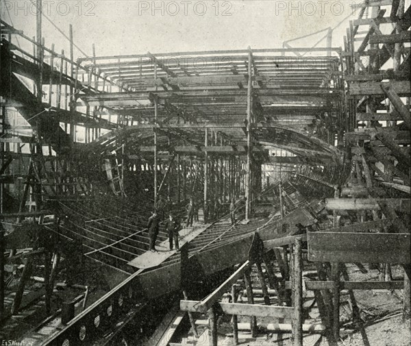 'The Building of a War-Ship: A First-Class Cruiser in Progress at the Thames Ironworks', (c1897). Artist: E&S Woodbury.