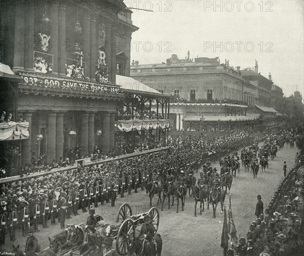 'The Royal Procession: Aides-De-Camp Passing the United Service Club', (c1897). Artist: E&S Woodbury.