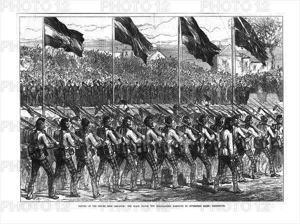 'The Black Watch (42nd Highlanders) Marching to Governor's Green, Portsmouth', 1874. Creator: Unknown.