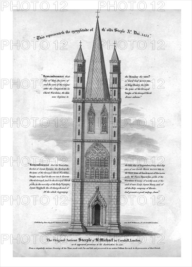 'The Original Ancient Steeple of St. Michael in Cornhill, London...1421', (1809). Creator: Unknown.