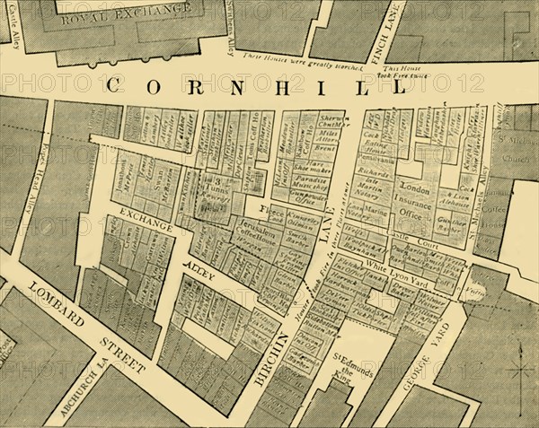 'Plan showing the Extent of the Great Fire in Cornhill in 1748', (c1872). Creator: Unknown.