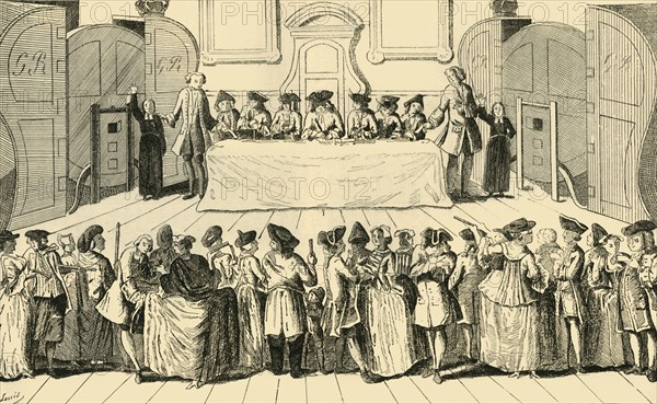 'Drawing the State Lottery at Guildhall', 1751, (c1872). Creator: Unknown.