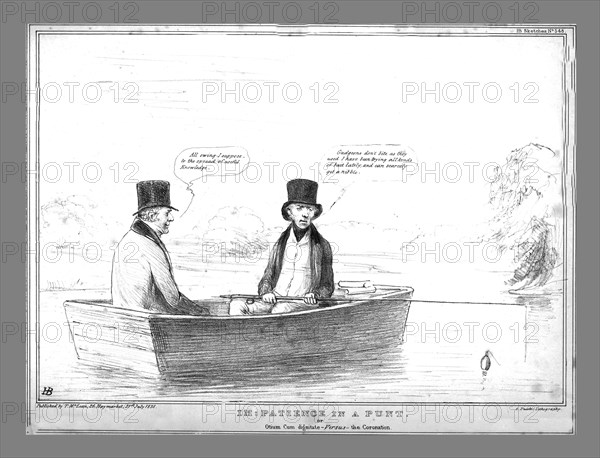 'Im:Patience in a Punt. or Otium Cum dignitate - Versus - the Coronation', 1838. Creator: John Doyle.