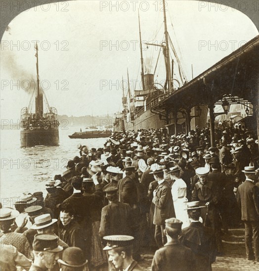 'Leaving old home and friends - waving emigrants for America, Christiania, Norway', c1905. Creator: Unknown.