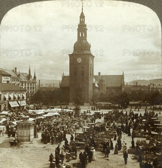 'The "Great Market" around statue Christian IV, Christiania, Norway', c1905. Creator: Unknown.