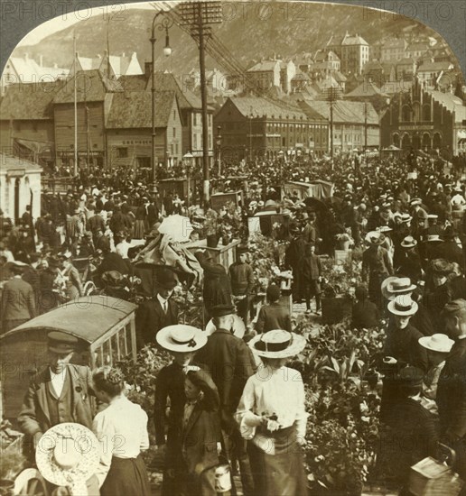 'Great market-place of busy Bergen, the flower market N. to the fish market, Norway', c1905. Creator: Unknown.